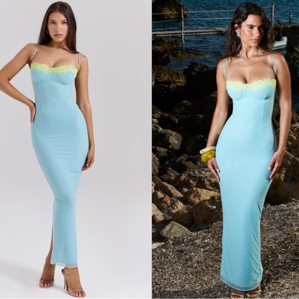 House of CB Light Blue Maxi Dress with Lime Lace Trim